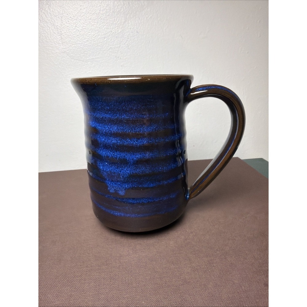 Hand Thrown Art Pottery Blue & Brown Ribbed Signed Large Coffee Mug 16oz